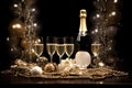 Popping champagne bottles, golden bubbles, and cascading champagne glasses, the spirit of celebration and luxury for a captivating