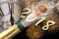 Popping champagne and fireworks at silvester 2018 Royalty Free Stock Photo