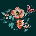 Poppy embroidery, butterfly, T-shirt ornament, vector illustration