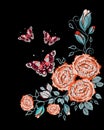 Poppy embroidery, butterfly, T-shirt ornament, vector illustration