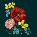 Poppy embroidery, butterfly, T-shirt ornament, vector illustration