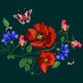 Poppy embroidery, butterfly, T-shirt ornament, vector illustration