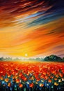 Poppy field beautiful sunrise oil knife painting