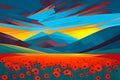 Poppy Field at Sunset - A cubist inspired painting using geometric shapes and fragmented forms. Generative AI