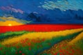 Poppy Field at Sunset - Oil Painting with thick impasto brushstrokes. Generative AI Royalty Free Stock Photo