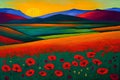 Poppy Field at Sunset - A painting with hints of Cubism. Generative AI