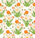 Poppy flower bouquet seamless pattern vector. Hand draw floral composition on white background. Vintage style papaver illustration Royalty Free Stock Photo