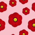 Poppy flower seamless pattern of red color with shadow on light pink background. Royalty Free Stock Photo