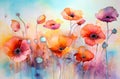 Landscape of poppy fields watercolor. Royalty Free Stock Photo