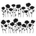 Poppy flowers silhouettes set isolated on white background.