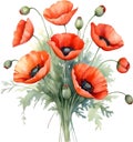 Poppy flowers, Watercolor painting of cute poppy flowers. AI-Generated. Royalty Free Stock Photo