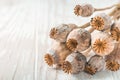 Poppy heads on wooden background Royalty Free Stock Photo