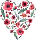 Poppy heart. Red flowers and green leaves on heart shape isolated on white background. Watercolor illustration