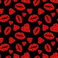 Poppy Hearts and Lips Seamless Pattern on Black Background.