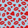 Poppy Hearts and Lips Seamless Pattern on Light Blue Background.