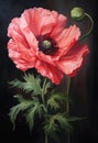 Poppy Pink Flower and Green Leaves Swirling on Red Colored Silk