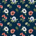 Poppy seamless pattern on dark blue background. Watercolor pattern with red wild poppy and anemone flowers. Hand drawn Royalty Free Stock Photo