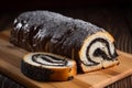 Poppy seed roll on wooden board. Generate Ai Royalty Free Stock Photo