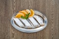 poppy seed rolls on a stainless steel tray sprinkled with powdered sugar Royalty Free Stock Photo