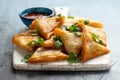 Poppy seeds Vegetable samosa served with sweet chilli sauce Royalty Free Stock Photo