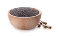 Poppy seeds in wooden bowl isolated