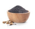 Poppy seeds in wooden bowl isolated