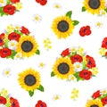 Poppy, sunflower and daisy seamless pattern. Summer yellow and red wild flowers and green leaves isolated Royalty Free Stock Photo