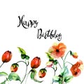 Poppy and Tulips flowers with title Happy Birthday