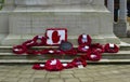 Poppy Wreaths at the cenotaph at Belfast`s City Hall just after the commemoration of the Battle of Passchendaele in France Royalty Free Stock Photo