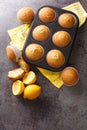 Poppyseed muffins with lemon zest close-up in a metal muffin pan on the table. vertical top view Royalty Free Stock Photo