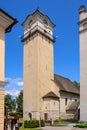 Poprad, Slovakia - Bell tower of gothic St. Egidius church - Kostol svateho Egidia - at the St. Egidius square in Poprad historic