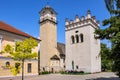 Poprad, Slovakia - Bell tower of gothic St. Egidius church - Kostol svateho Egidia - at the St. Egidius square in Poprad historic