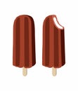 Popsicle chocolate glaze ice cream on wooden stick. Eskimo pie vector sweet dessert illustration, cold food. Royalty Free Stock Photo