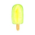 Popsicle with green and yellow glaze. Fruit ice cream. Colorful sundae on a wooden stick.