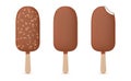 Popsicle ice cream in chocolate with nuts whole and bite off set realistic vector illustration Royalty Free Stock Photo