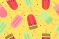 Popsicle ice cream seamless pattern. Vector illustration isolated on yellow background. Royalty Free Stock Photo