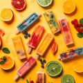 popsicle ice and tropical fruit in yellow background ai generated Royalty Free Stock Photo