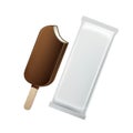 Popsicle Lollipop Ice Cream in Chocolate Glaze on Stick with White Plastic Foil Wrapper Isolated on White Background