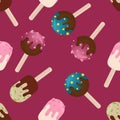 Popsicle and pops cake on a stick, vector seamless pattern on a raspberry background