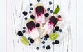 Popsicle with yogurt, blueberries, blackberries and lime