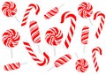 Popsicles of different shapes in a red and white stripe isolated on a white background.