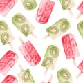 Popsicles seamless pattern digital paper. Kiwi and strawberry fruit lollipop ice cream watercolor clipart.