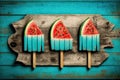 Popsicles shaped like slices of watermelon against a blue, weathered wood background Royalty Free Stock Photo