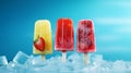 Popsicles in three different colors on a soft background. a variety of frozen fruit popsicles in the summertime, isolated on a