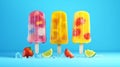 Popsicles in three different colors on a soft background. a variety of frozen fruit popsicles in the summertime, isolated on a