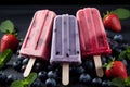 Variety of berry flavors of popsicles overhead view on dark background, generative AI