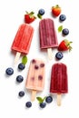 Variety of berry flavors of popsicles overhead view on white background, generative AI Royalty Free Stock Photo