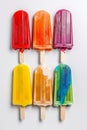Variety of fruit and berry flavors of popsicles overhead view on white background, generative AI Royalty Free Stock Photo
