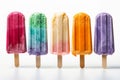 Variety of fruit and berry flavors of popsicles overhead view on white background, generative AI Royalty Free Stock Photo