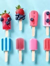 Fruity Frozen Pink Red Blue Popsicles Background Strawberry Blueberry AI Generated